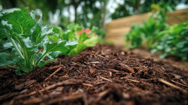 Close up of compost bed with natural organic matter nurturing healthy growing vegetables and fruit plants