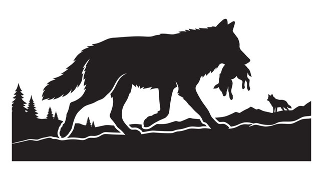 Wolf carrying prey with another wolf observing black silhouette