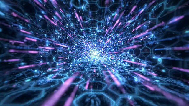 Glowing Hexagon Grid Digital Particles Tunnel Animation Background - A futuristic digital tunnel with a glowing hexagon grid and animated particles creates a sense of speed and technology.