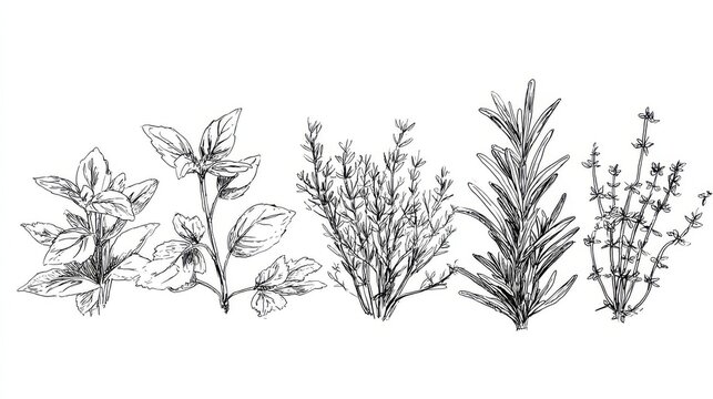 Hand drawn black line vector illustration of Italian herbs basil, parsley, rosemary, thyme on white background