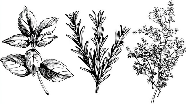 Hand drawn black line vector illustration of Italian herbs basil, parsley, rosemary, thyme on white background