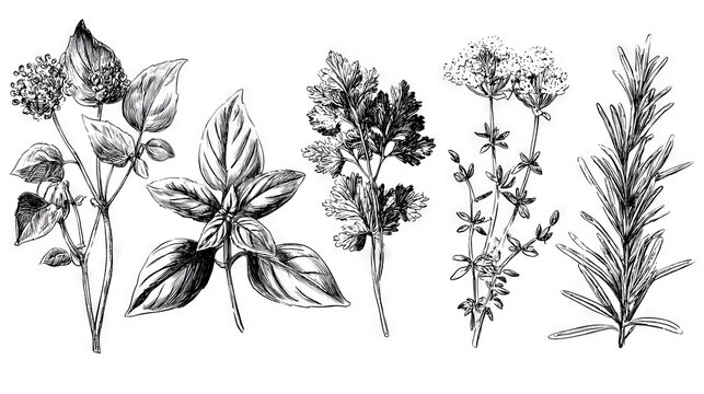 Hand drawn black line vector illustration of Italian herbs basil, parsley, rosemary, thyme on white background