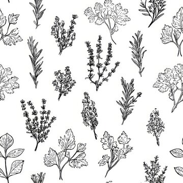 Vector outline drawing of Mediterranean herbs collection parsley, basil, rosemary, oregano arranged in pattern