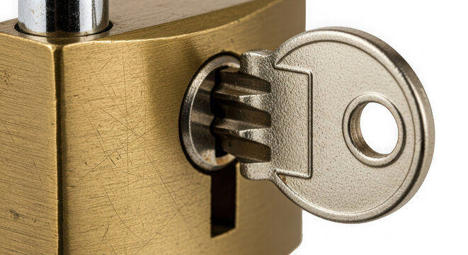 Padlock with a metallic key inserted into the keyhole demonstrating security and protection concepts.