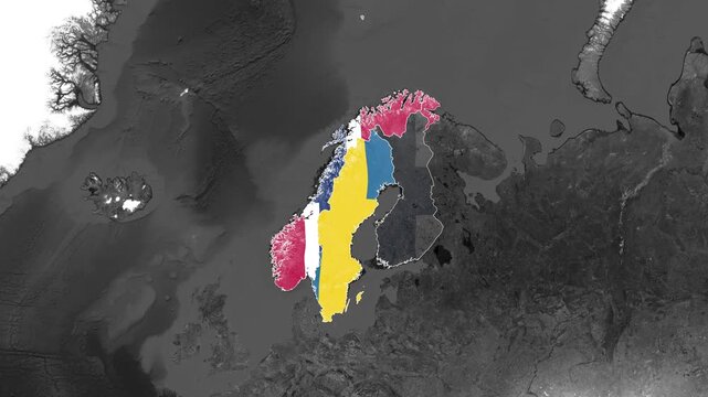 Scandinavian countries map overlaid with national flags in motion animation video
