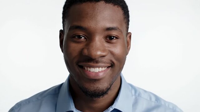 Handsome Man Smiling Directly at Camera - A handsome man with a warm smile is looking directly at the camera against a clean white background.