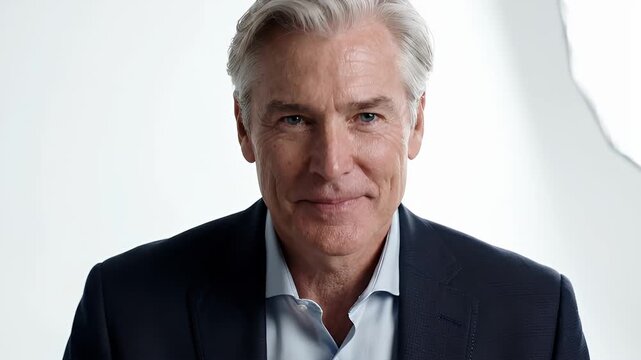 Handsome Man Smiling Warmly At Camera - A handsome middle-aged man with grey hair and a warm smile looks directly at the camera.