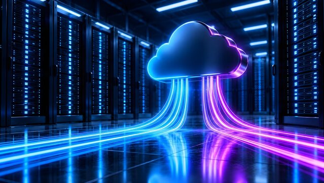 Glowing digital cloud symbol connected by neon light trails in a futuristic server room representing cloud computing data storage and fast internet connection.