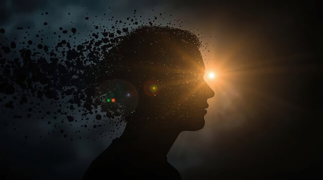 Lucid realism portrait silhouette with sunlight expressing mental pressure and inner thought