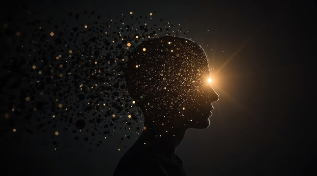 Silhouette profile mental pressure with glowing light and fragmented thought