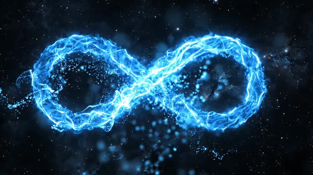 Glowing Blue Infinity Symbol Particle Loop - A mesmerizing infinity symbol formed from continuously flowing blue particles glows brightly against a dark, starry cosmic background.