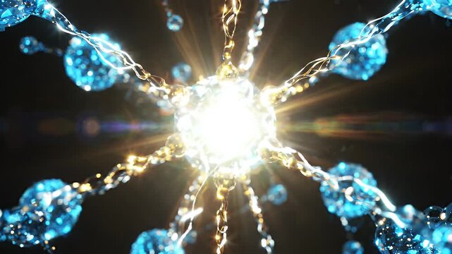 Glowing Molecular Structure with Central Core - A bright, luminous core emanates light, connecting to shimmering, intertwined strands that lead to clusters of glowing blue orbs.