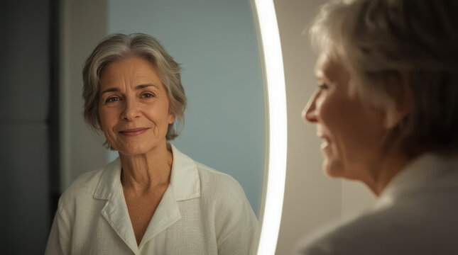 Mature woman viewing reflection in mirror with calm acceptance of aging