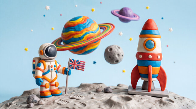 Miniature astronaut holding flag on moon surface with colorful rocket and planets in background