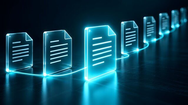 Glowing digital document files connected by a neon light line representing electronic data transfer blockchain smart contract and file management system.