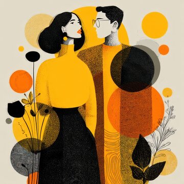 Modern Couple in Abstract Yellow and Black Attire with Geometric Accents.