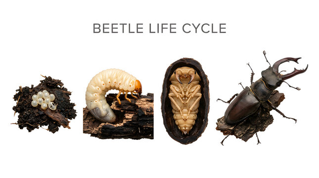 Beetle life cycle stages, from eggs to larva, pupa, and adult stag beetle, presented against a white background for clarity