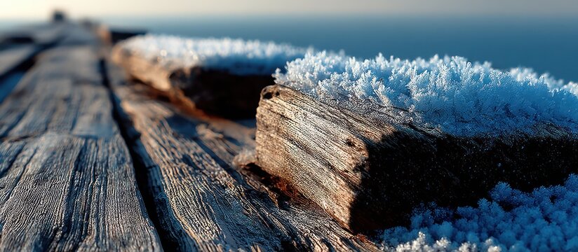 Frost-covered weathered wood pier detail with a blurred background of the sea and sky