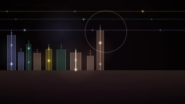 A loop highlighting a specific data bar within a colorful financial graph.