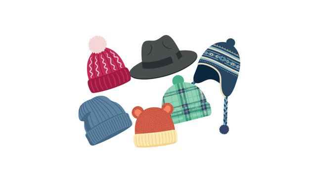 Winter hats vector collection featuring cozy knitted beanies fedora chullo and plaid pattern caps for seasonal cold weather apparel design
