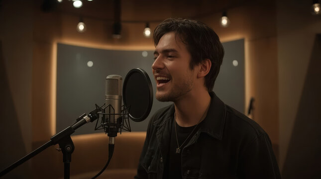 Anonymous singer performing passionately in recording studio