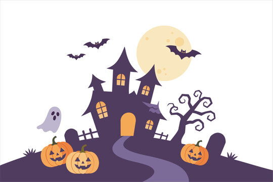 Halloween haunted house with full moon, ghost, bats, and pumpkins in flat 2D style. Vector illustration for spooky night background.