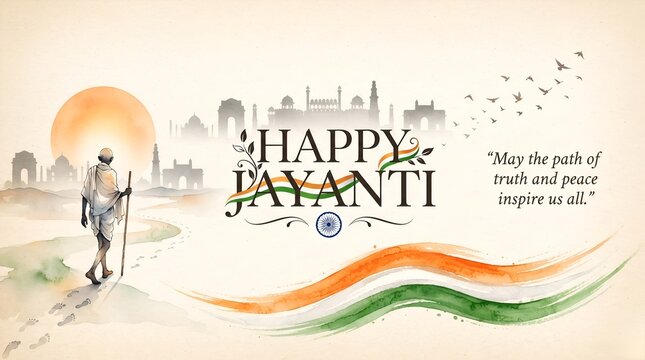 Happy Gandhi Jayanti banner with Mahatma Gandhi walking from back view, watercolor tricolor flag, and Indian monuments