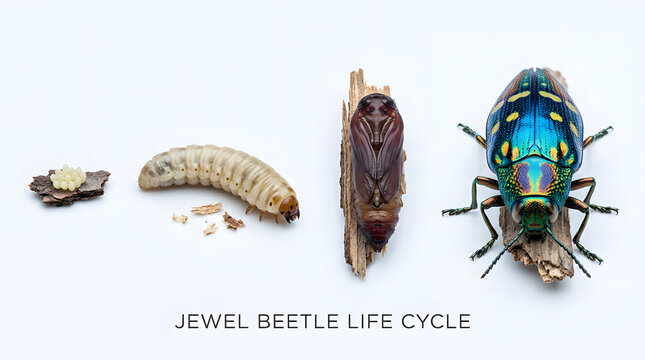 Jewel beetle life cycle shown with four stages: egg, larva, pupa, and adult beetle