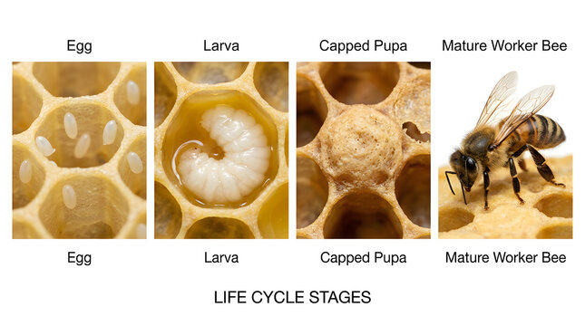 The life cycle stages of a bee, showing egg, larva, pupa, and mature worker bee