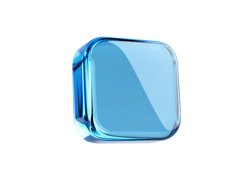 Glossy blue glass square button isolated on a white background with soft reflections