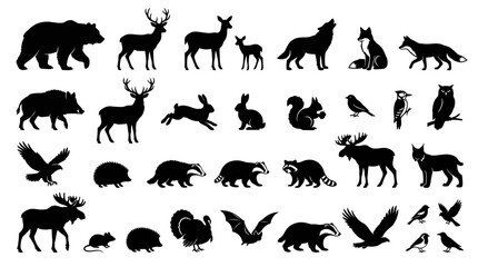 Obraz premium Large collection of forest wildlife silhouettes featuring bear, deer, wolf, fox, moose, eagle, owl, badger, and raccoon. Black vector icons of wild animals isolated on white background.