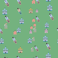 Fototapeta premium Seamless pattern of cartoon rockets and houses