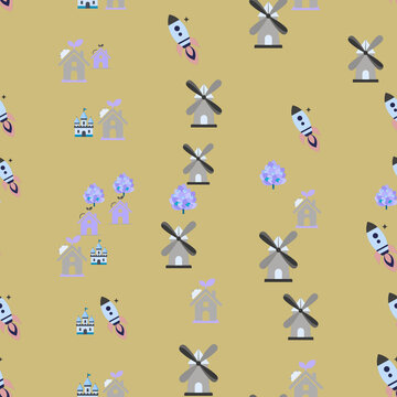 Seamless pattern of icons: windmills, houses, rockets, castles