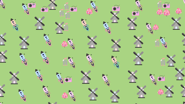 Cartoon Pattern of Windmills, Rockets, and Houses