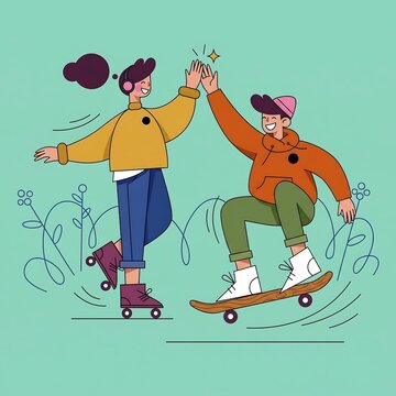 Friends celebrating together while riding roller skates and a skateboard outdoors.