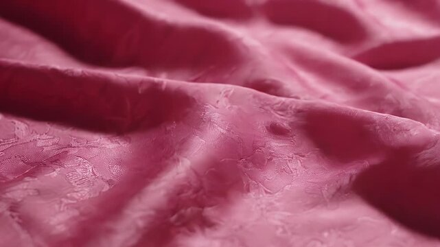 Elegant Pink Silk Fabric Folds Softly - This close-up shot showcases the luxurious texture and soft folds of a pink silk fabric with an elegant, embossed design.