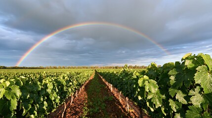 Obraz premium Rainbow arches over rows of green vineyard under