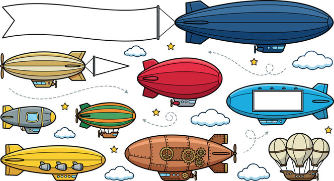 Cute cartoon airship blimp and dirigible vector set featuring retro steampunk flying ships clouds and blank advertising banners for sky graphic design elements