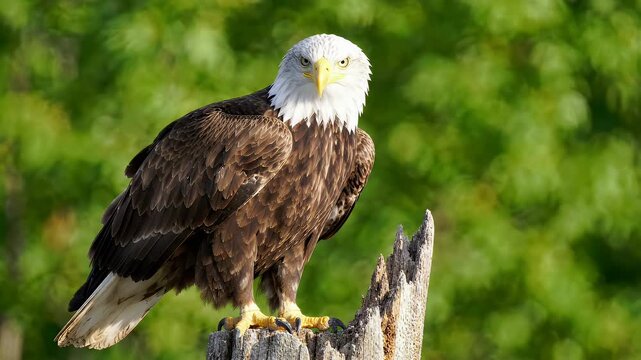 Majestic Bald Eagle Perched On Weathered Post - A majestic bald eagle with vivid plumage is perched on a weathered wooden post, its piercing gaze fixed forward against a blurred green background.