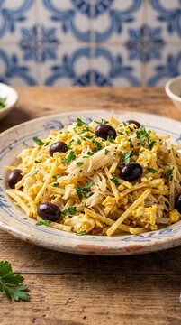 Traditional Bacalhau a Bras with shredded cod and potatoes, authentic Portuguese cuisine on rustic wooden table, Mediterranean seafood dish with black olives