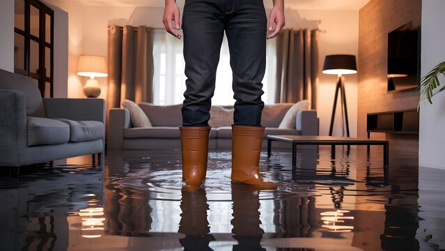 Home flooding damage with person standing in water wearing rubber boots inside living room after pipe leak or storm disaster representing property damage emergency cleanup insurance and restoration