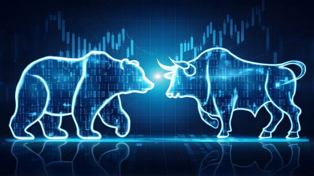 Bull and bear stock market concept with glowing digital animals facing each other over financial chart representing bullish and bearish trends investing trading volatility and market competition