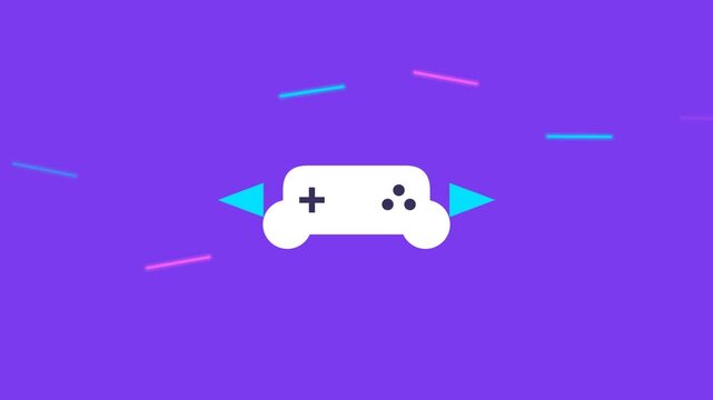 Minimalist white game controller icon with blue arrows on a vibrant purple background with scattered pink and blue dashed lines, representing digital entertainment.