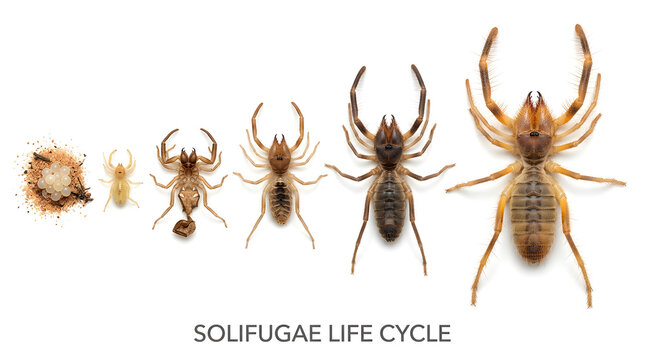 The life cycle of a solifugae is depicted, showing its growth from an egg sac to an adult