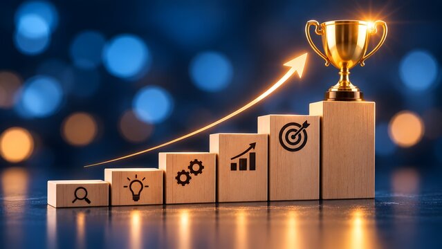 Golden trophy on wooden block stairs with business icons and glowing upward arrow, representing career growth and success concept.