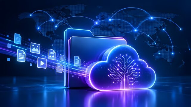 Futuristic cloud computing and data storage concept with glowing folder and global digital network connections
