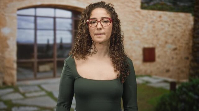 Woman adjusts red glasses, collarbone and bare shoulder visible while standing in a stone building courtyard; confidence poise.