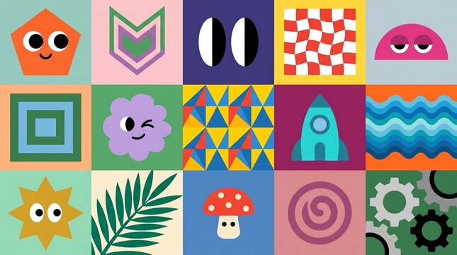 Abstract shapes and cute characters arranged in a colorful grid.