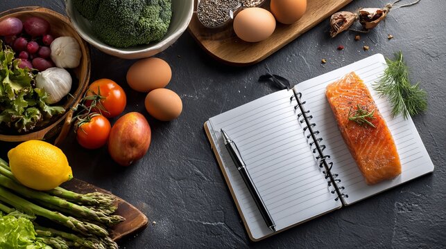 Balanced diet plan with fresh healthy food, nutritious ingredients, fruits, vegetables and a wholesome meal on the table