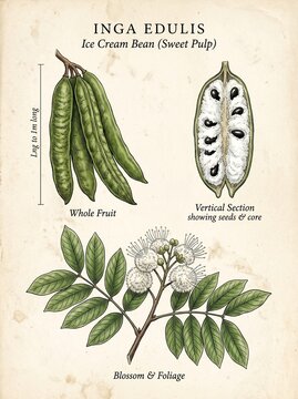 Vintage Botanical Illustration Inga Edulis Ice Cream Bean Pod Diagram